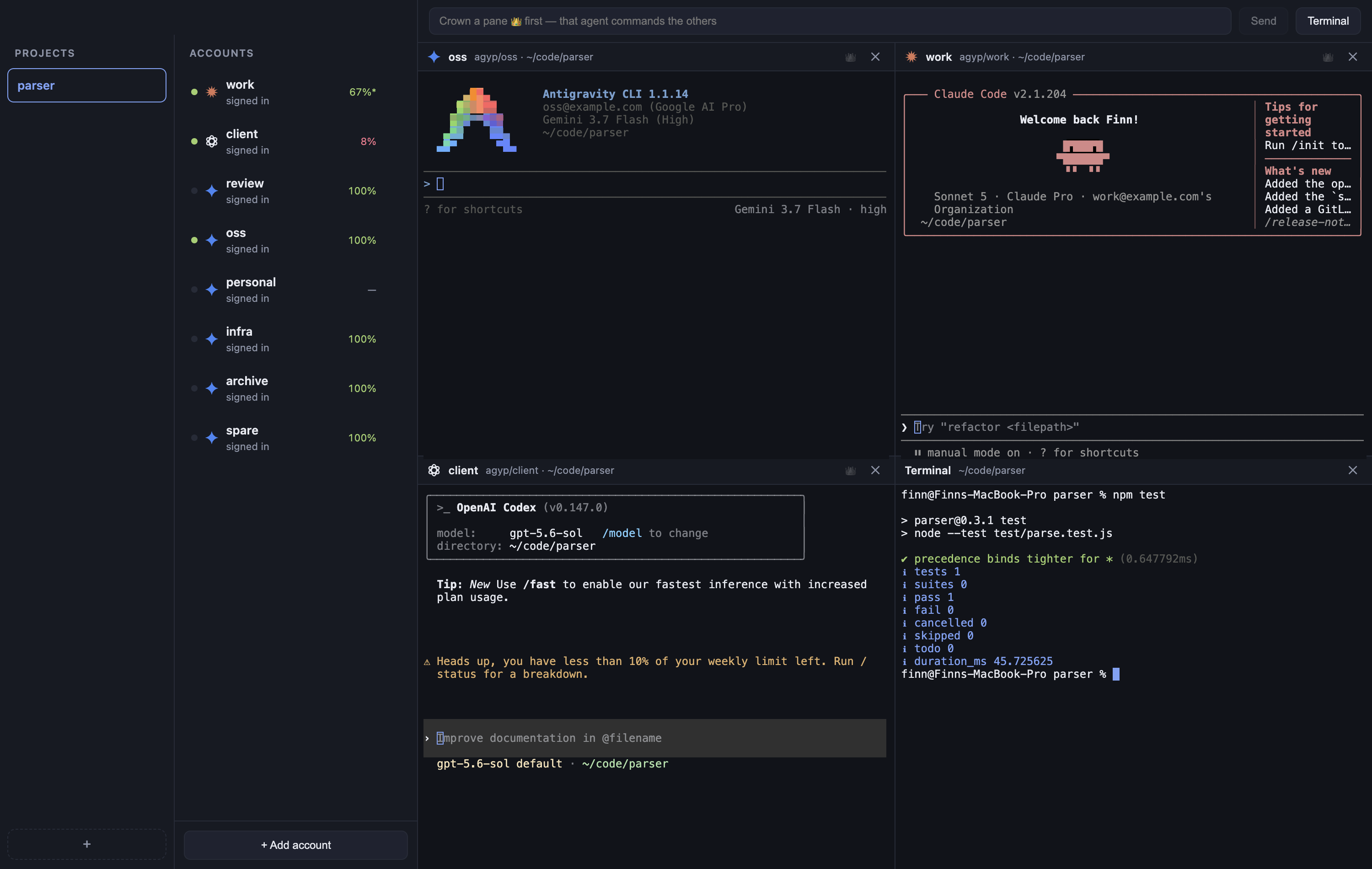 Antigravity, Claude Code and Codex running side by side in Nuvoa with a plain terminal, each agent signed in as a different account, and a sidebar listing every account and the quota left on it.