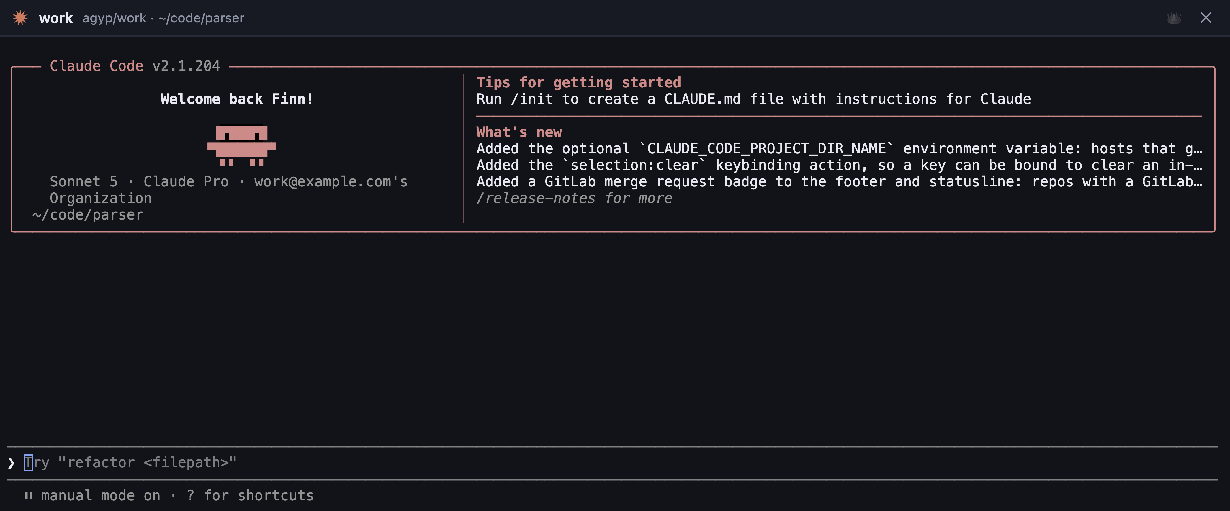 A Claude Code pane in Nuvoa, showing the account it is signed in as and the branch and folder it has to itself.